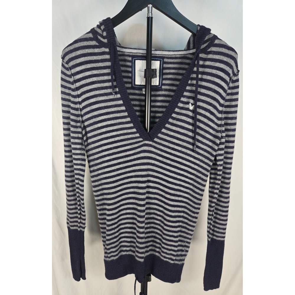 Vintage Y2K American Eagle Sz M Angora Blue Gray Striped Hoodie Sweater 2000s
